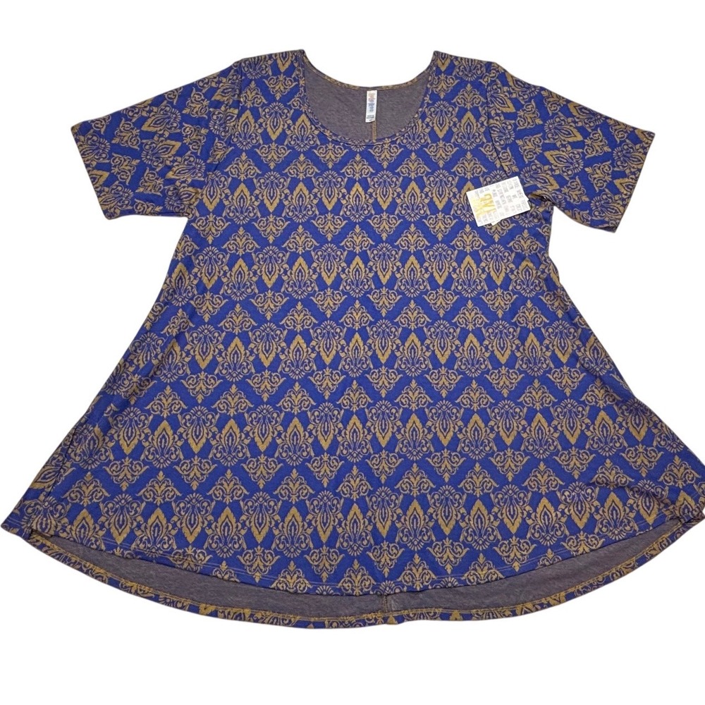 LulaRoe Womens Top Size 3XL Perfect T Blue Gold Damask Medallion Rayon Tunic NWT